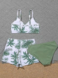 3 Pieces Palm Tree Bikini Girls Swimsuit & Shorts