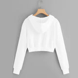 White Zip Up Drawstring Long Sleeve  Sweatshirt For Women