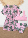 Girls 3pack Palm Tree Print Pink Bikini for Kids