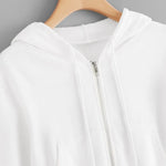 White Zip Up Drawstring Long Sleeve  Sweatshirt For Women