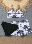 3 Pieces Palm Tree Bikini Girls Swimsuit & Shorts