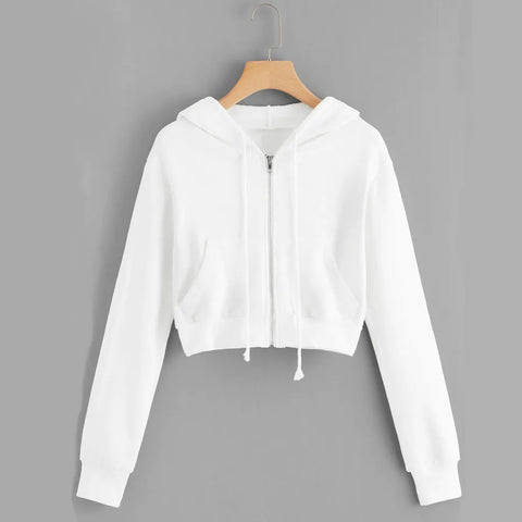 White Zip Up Drawstring Long Sleeve  Sweatshirt For Women